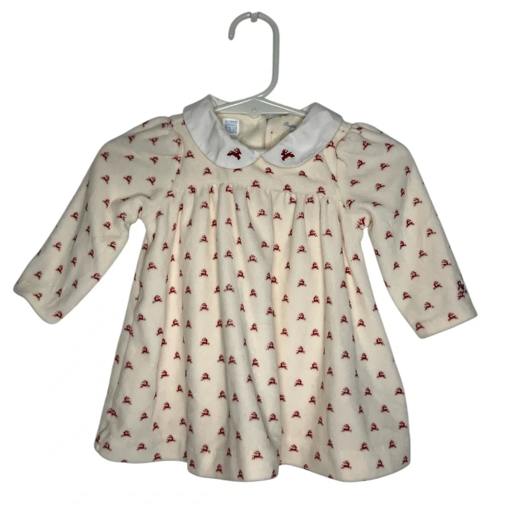 Ralph Lauren Baby Girl Velour Christmas Dress 3MO Reindeer Holiday Cream Red